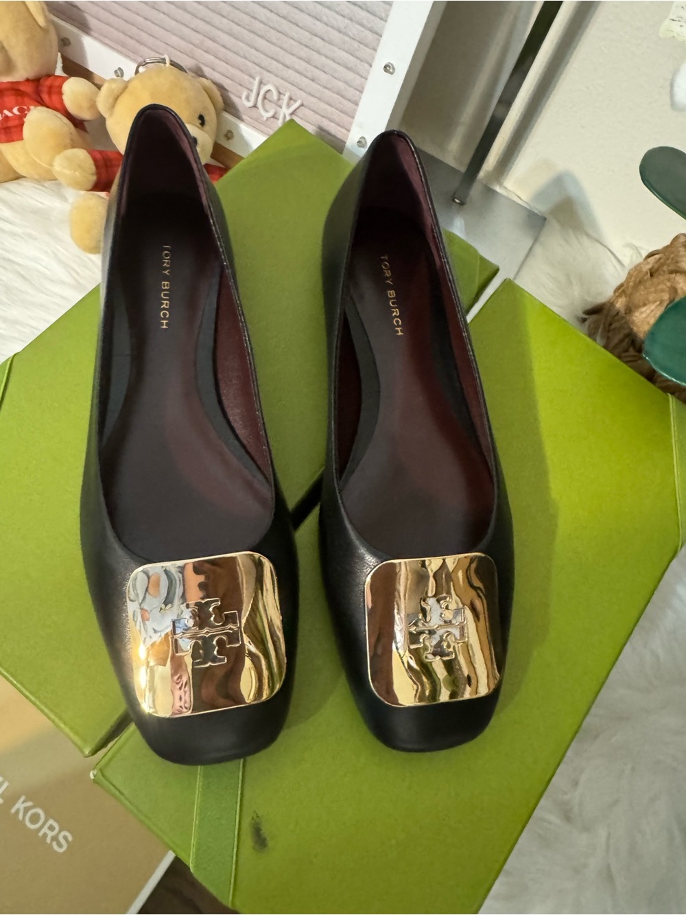 Tory Burch Black Leather Flats with Gold Emblem